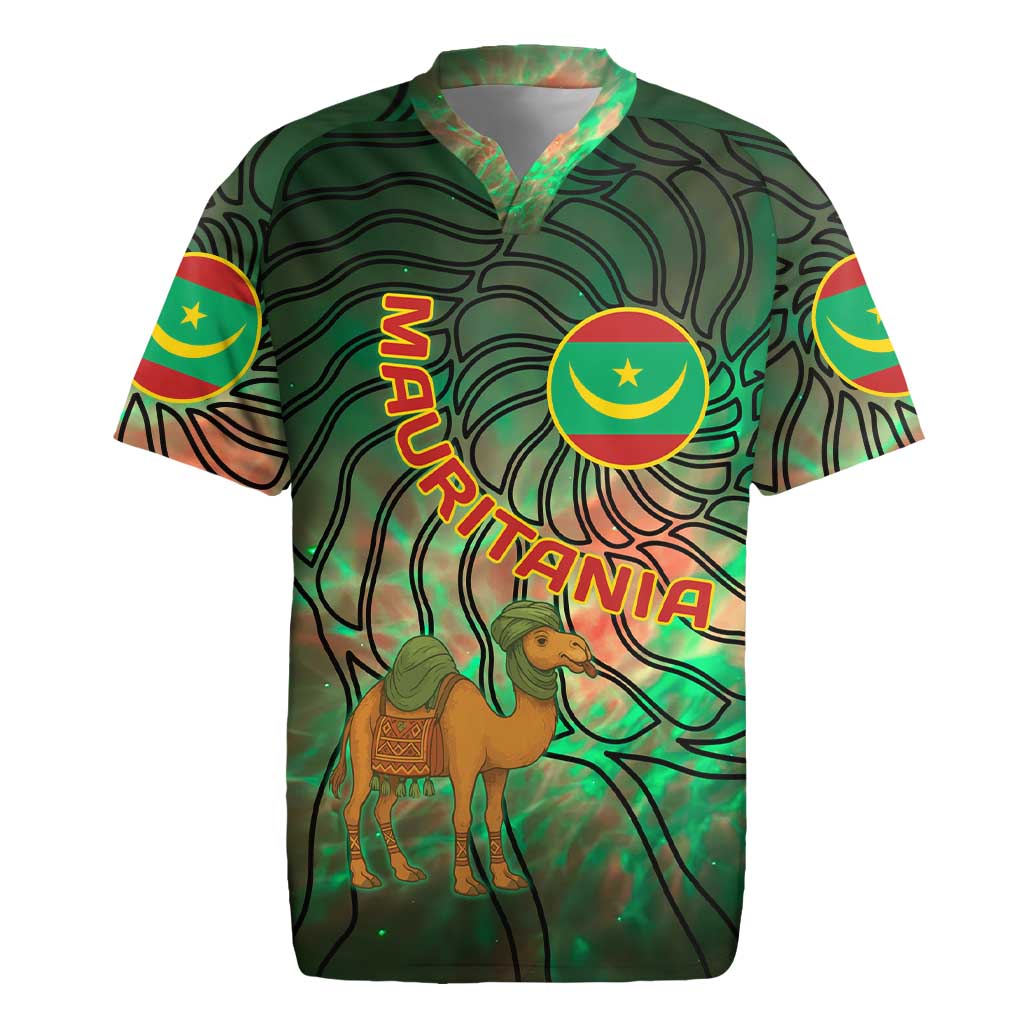 Mauritania Rugby Jersey with Green Tie Dye Camel and Crescent Moon Flag Design
