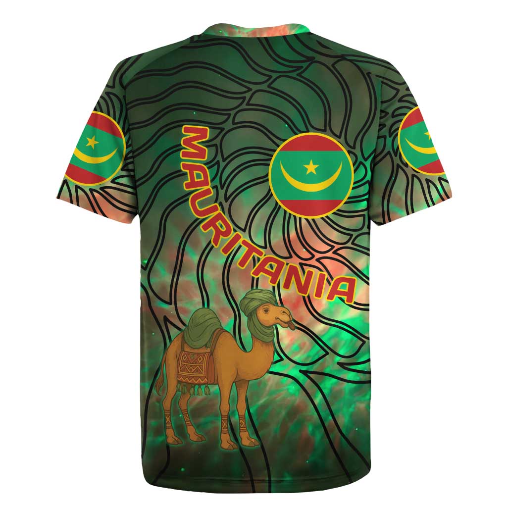Mauritania Rugby Jersey with Green Tie Dye Camel and Crescent Moon Flag Design