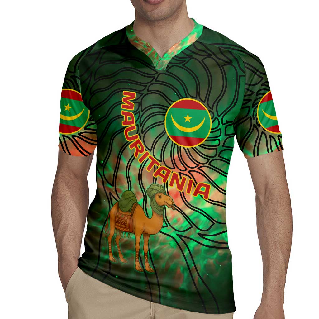 Mauritania Rugby Jersey with Green Tie Dye Camel and Crescent Moon Flag Design