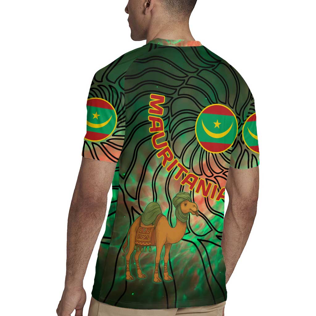 Mauritania Rugby Jersey with Green Tie Dye Camel and Crescent Moon Flag Design