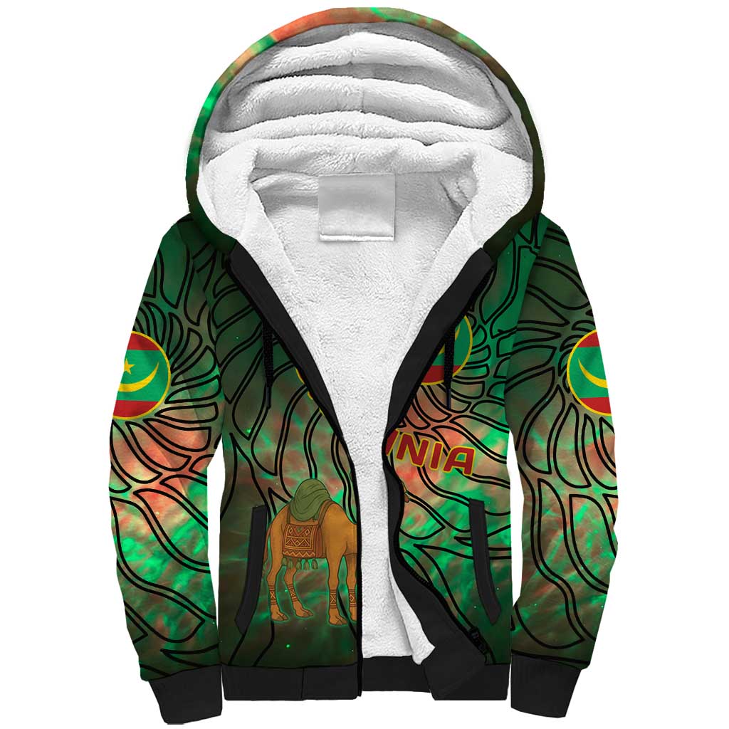 Mauritania Sherpa Hoodie with Green Tie Dye Camel and Crescent Moon Flag Design