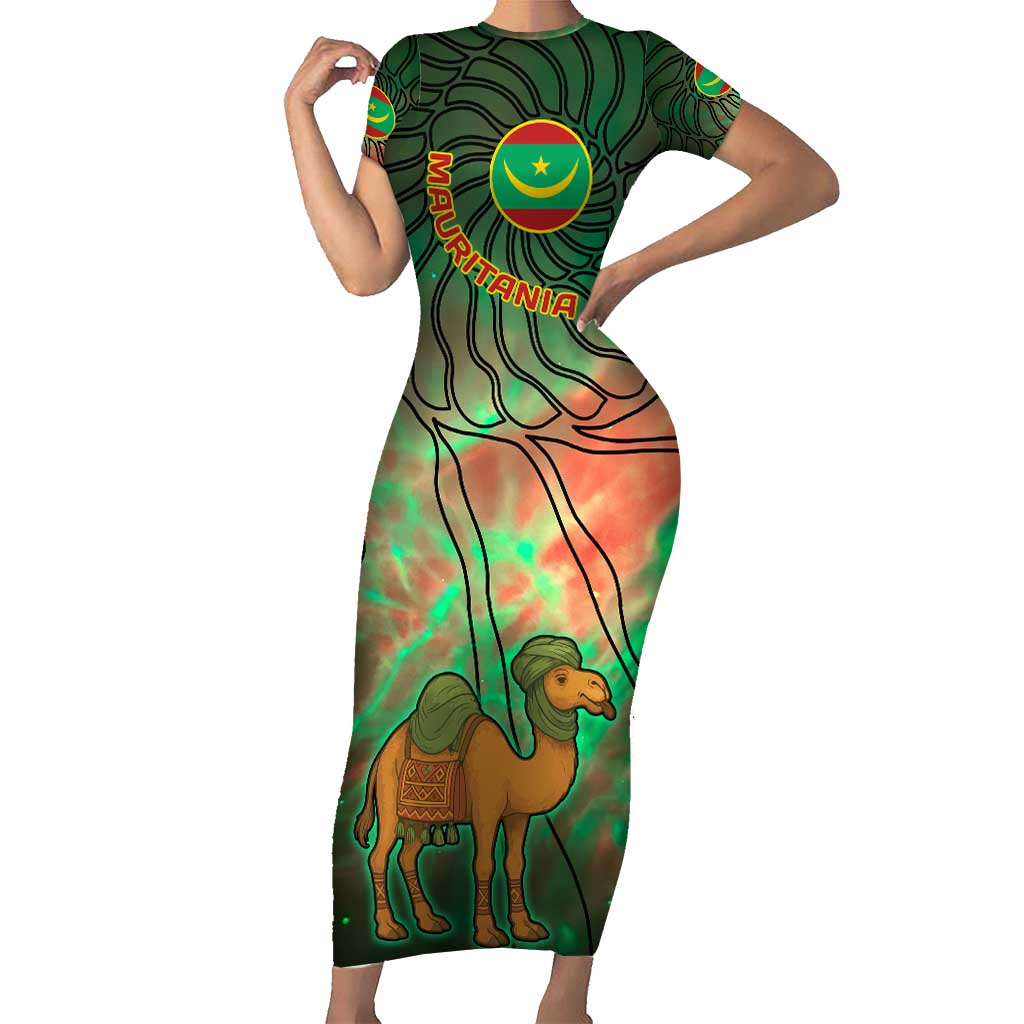 Mauritania Short Sleeve Bodycon Dress with Green Tie Dye Camel and Crescent Moon Flag Design