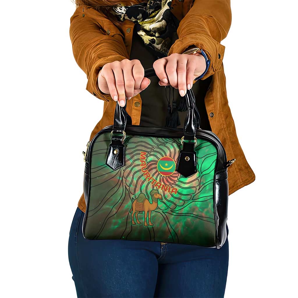 Mauritania Shoulder Handbag with Green Tie Dye Camel and Crescent Moon Flag Design