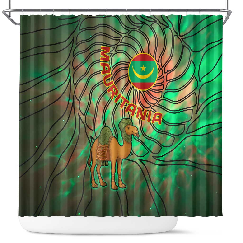 Mauritania Shower Curtain with Green Tie Dye Camel and Crescent Moon Flag Design