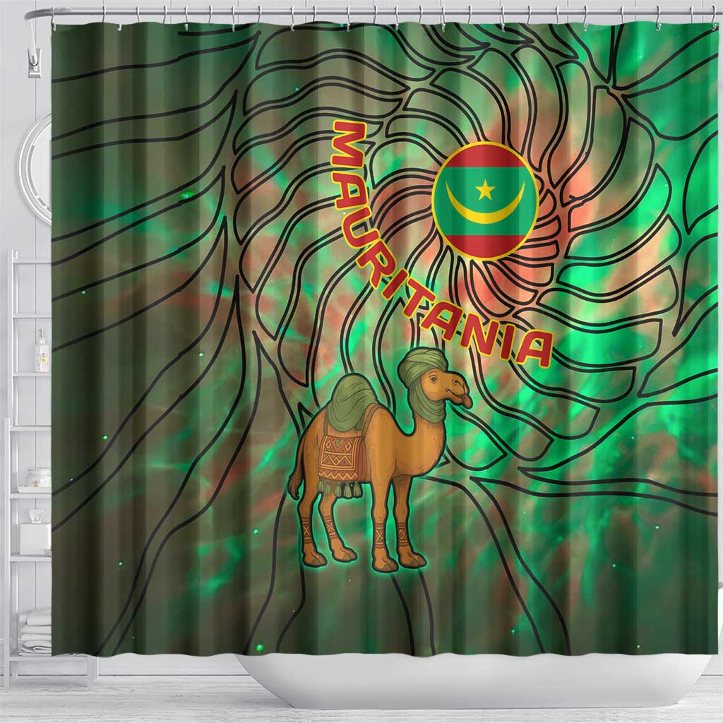 Mauritania Shower Curtain with Green Tie Dye Camel and Crescent Moon Flag Design