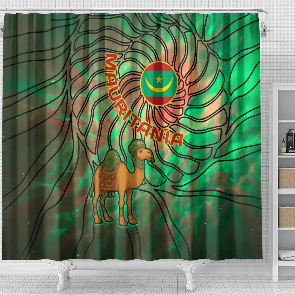 Mauritania Shower Curtain with Green Tie Dye Camel and Crescent Moon Flag Design