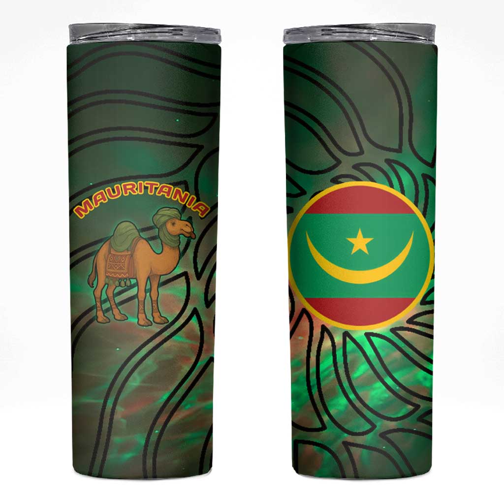 Mauritania Skinny Tumbler with Green Tie Dye Camel and Crescent Moon Flag Design