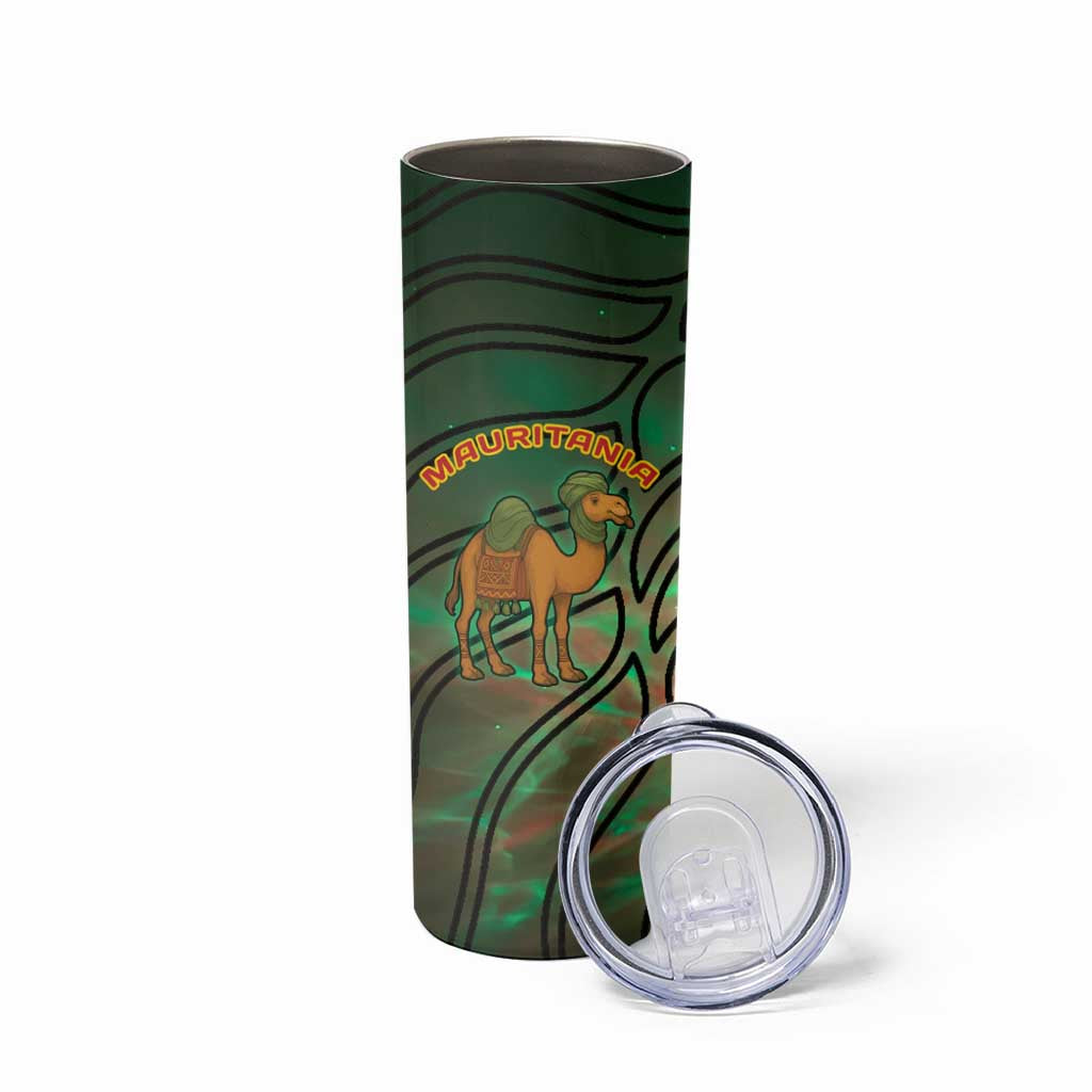Mauritania Skinny Tumbler with Green Tie Dye Camel and Crescent Moon Flag Design