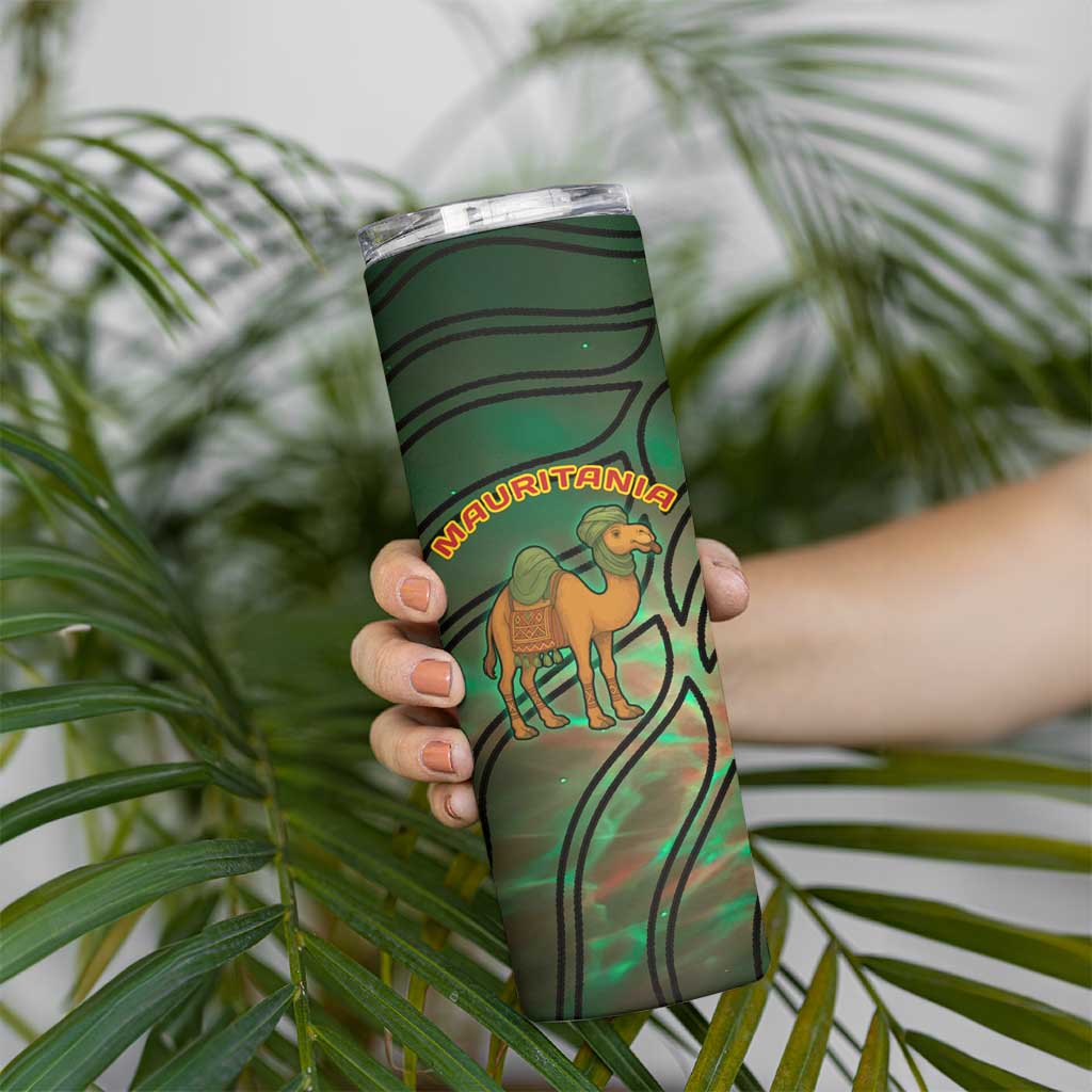 Mauritania Skinny Tumbler with Green Tie Dye Camel and Crescent Moon Flag Design