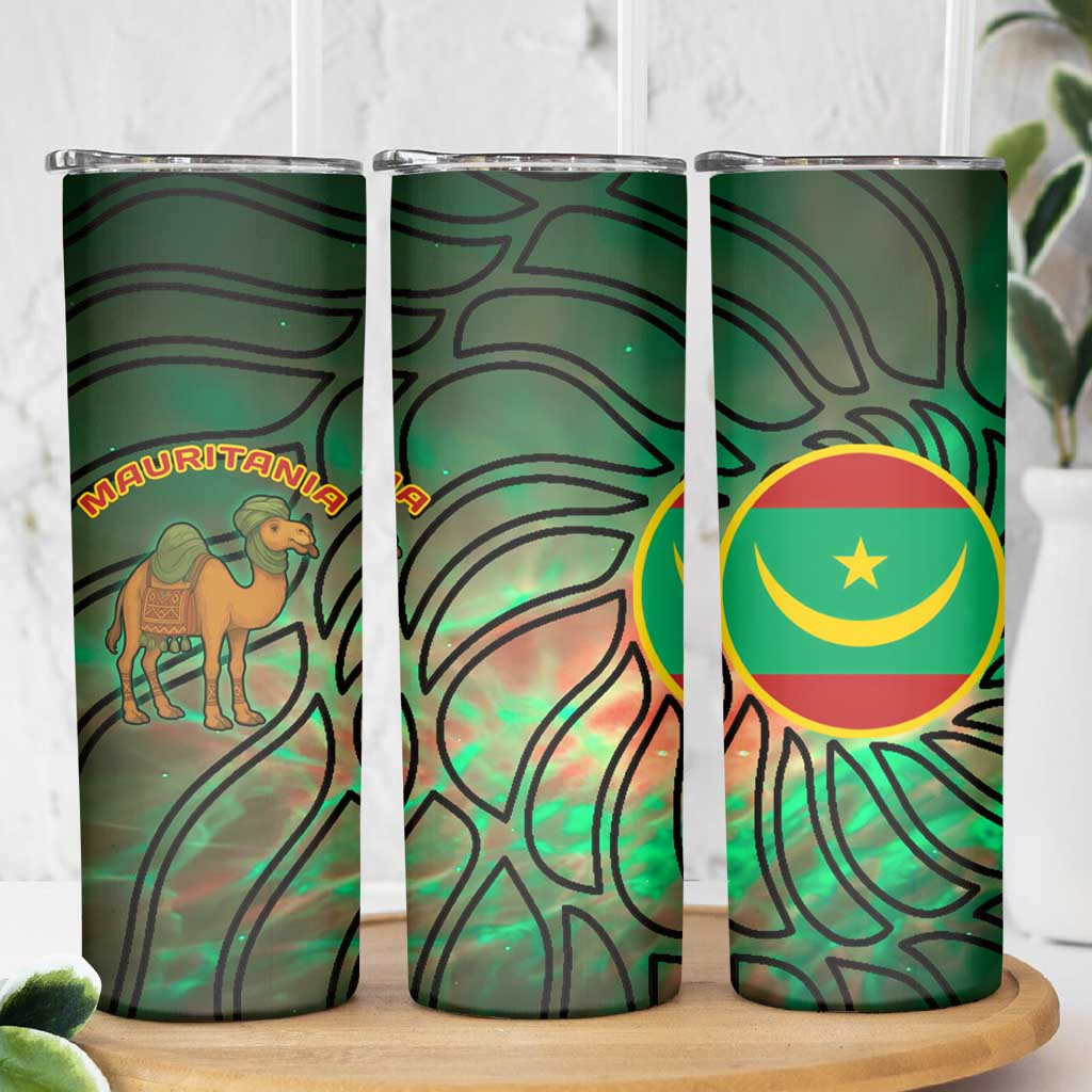 Mauritania Skinny Tumbler with Green Tie Dye Camel and Crescent Moon Flag Design