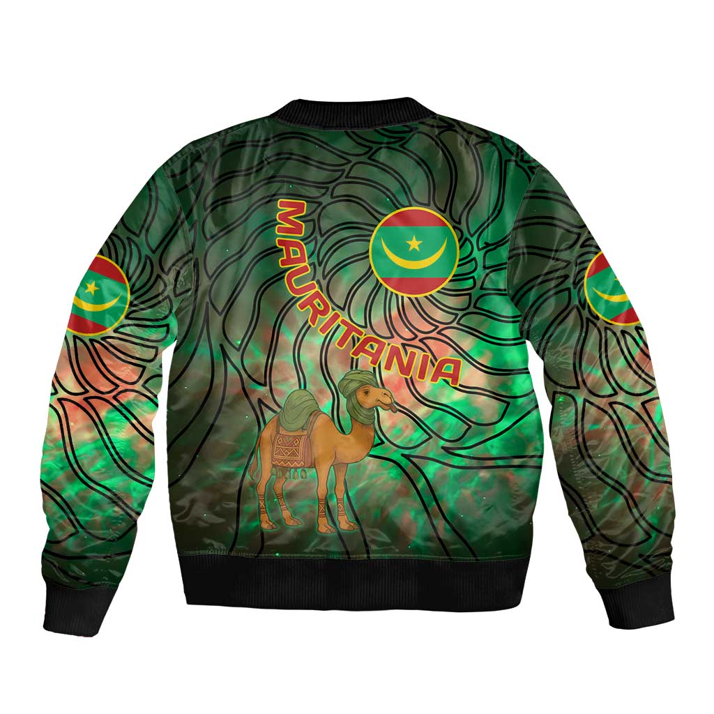 Mauritania Sleeve Zip Bomber Jacket with Green Tie Dye Camel and Crescent Moon Flag Design