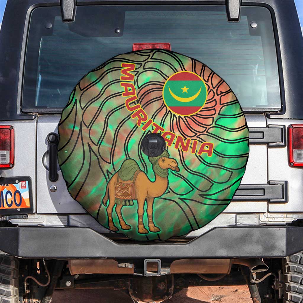 Mauritania Spare Tire Cover with Green Tie Dye Camel and Crescent Moon Flag Design
