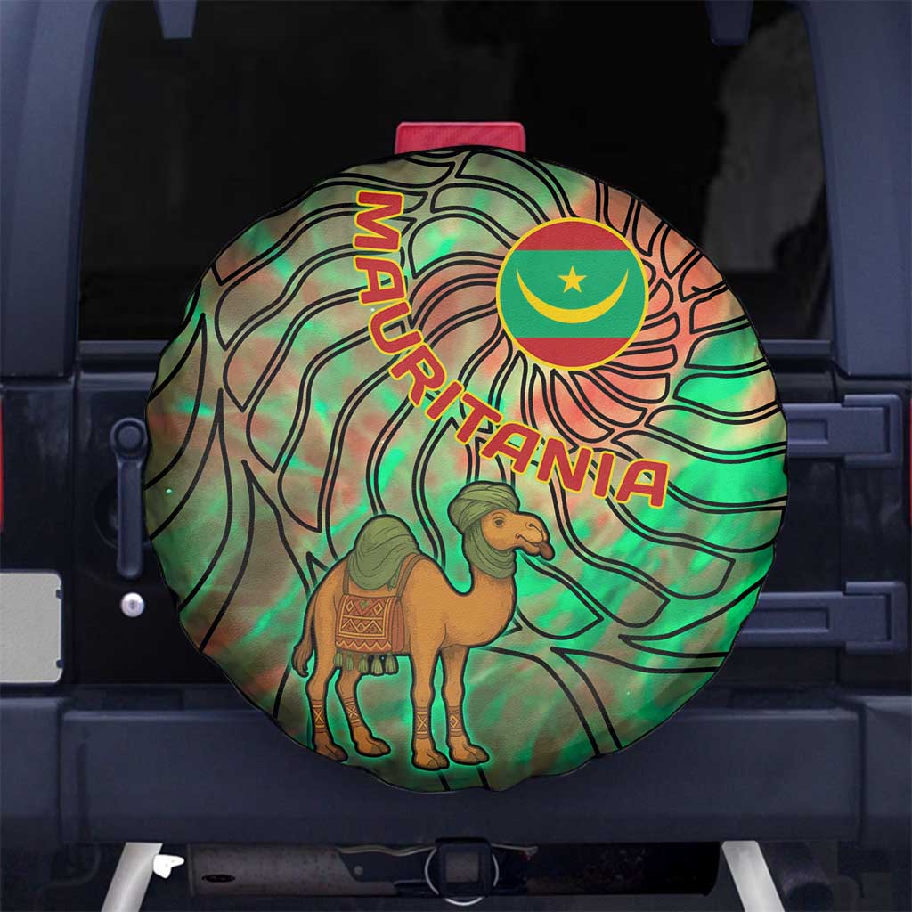 Mauritania Spare Tire Cover with Green Tie Dye Camel and Crescent Moon Flag Design