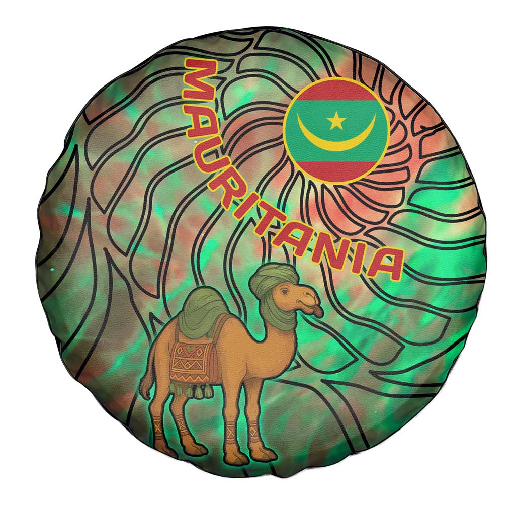 Mauritania Spare Tire Cover with Green Tie Dye Camel and Crescent Moon Flag Design