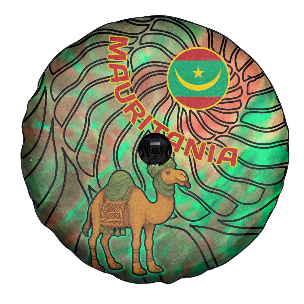 Mauritania Spare Tire Cover with Green Tie Dye Camel and Crescent Moon Flag Design
