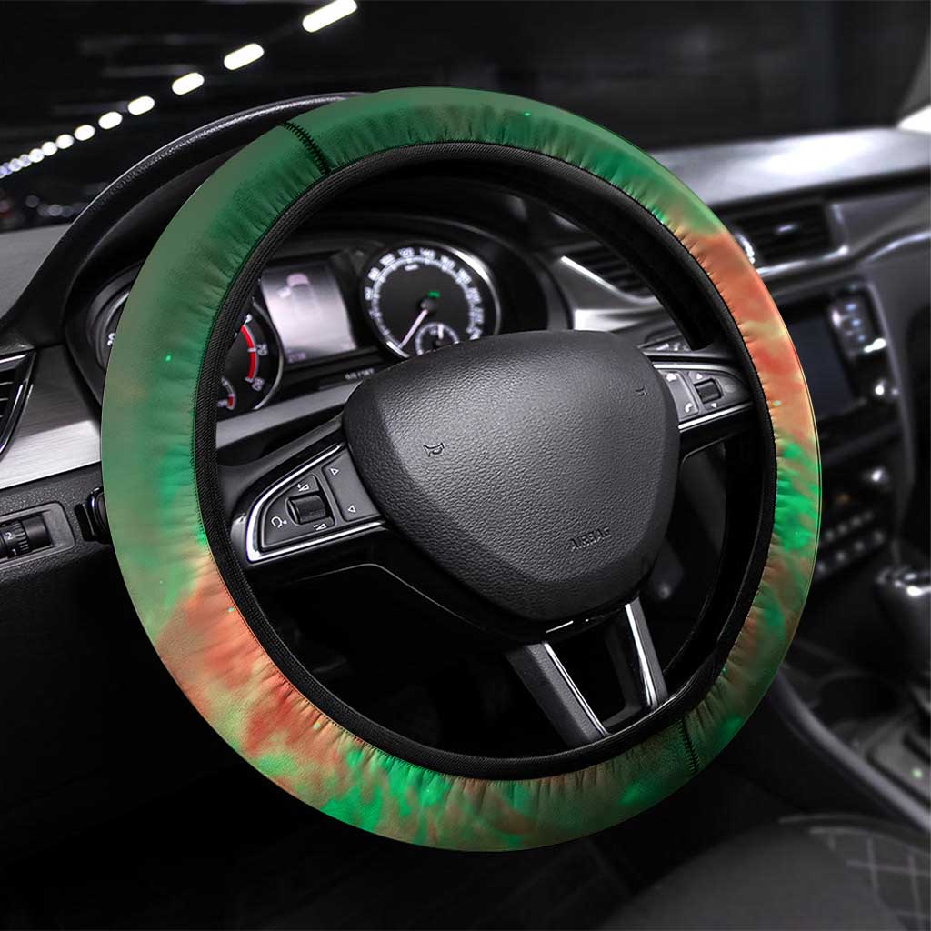 Mauritania Steering Wheel Cover with Green Tie Dye Camel and Crescent Moon Flag Design