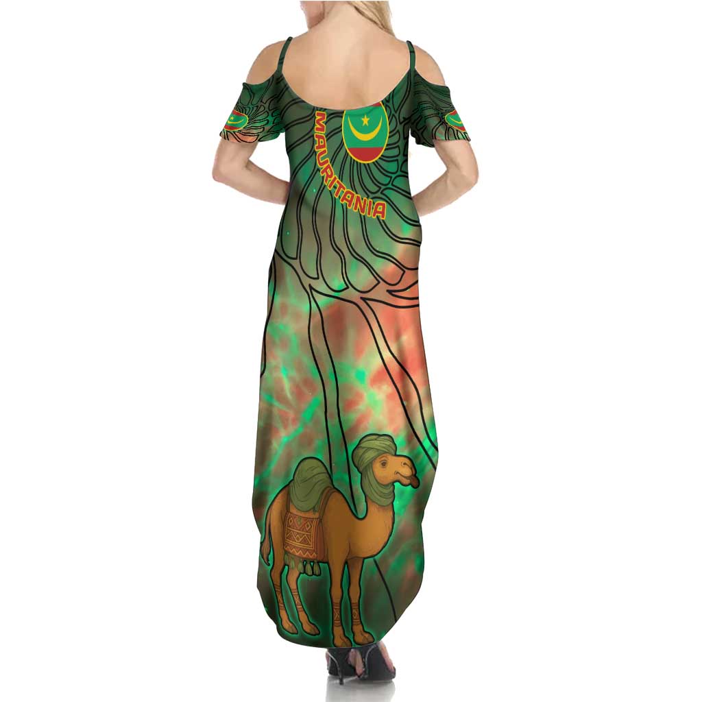 Mauritania Summer Maxi Dress with Green Tie Dye Camel and Crescent Moon Flag Design