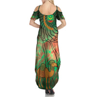 Mauritania Summer Maxi Dress with Green Tie Dye Camel and Crescent Moon Flag Design