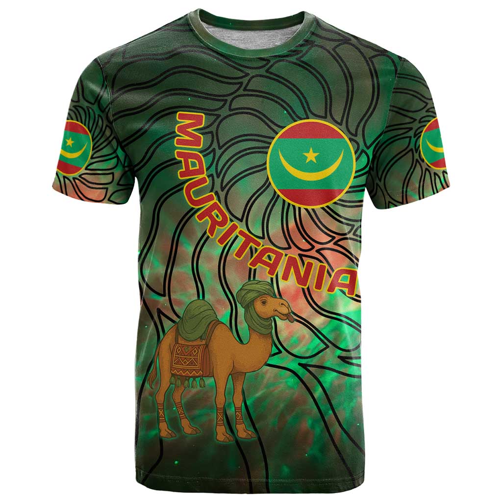 Mauritania T Shirt with Green Tie Dye Camel and Crescent Moon Flag Design