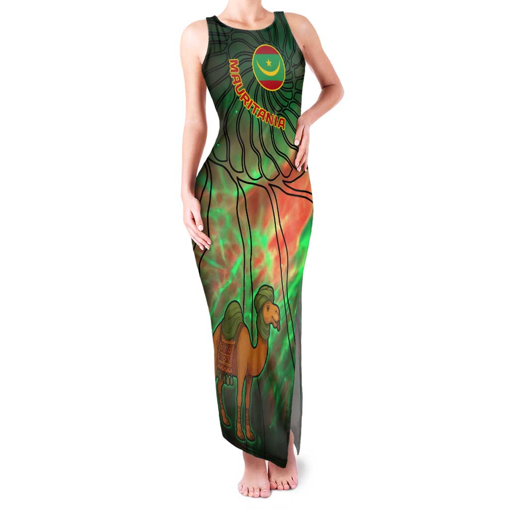 Mauritania Tank Maxi Dress with Green Tie Dye Camel and Crescent Moon Flag Design