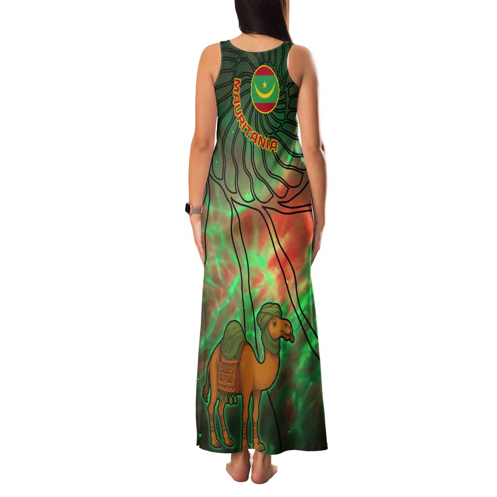 Mauritania Tank Maxi Dress with Green Tie Dye Camel and Crescent Moon Flag Design
