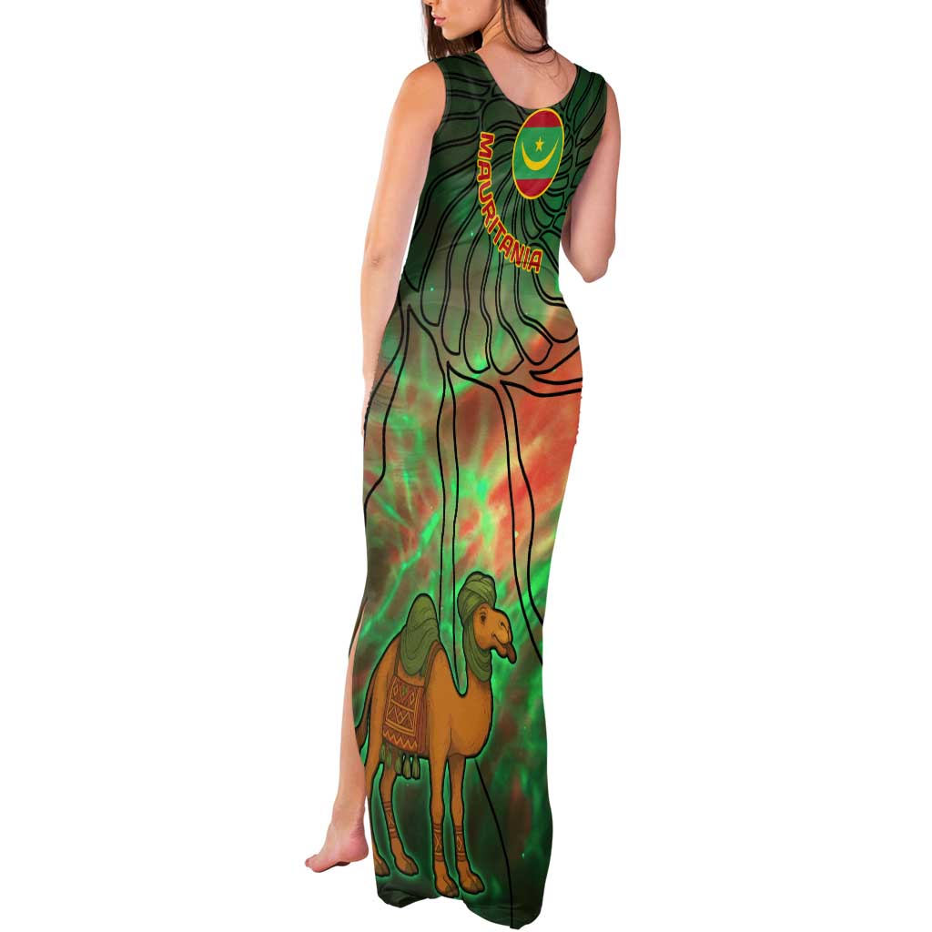 Mauritania Tank Maxi Dress with Green Tie Dye Camel and Crescent Moon Flag Design