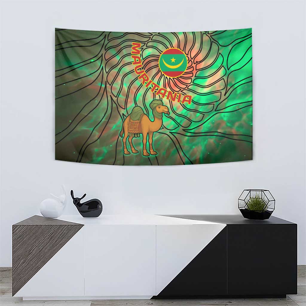 Mauritania Tapestry with Green Tie Dye Camel and Crescent Moon Flag Design