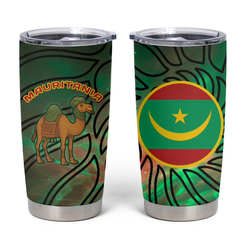 Mauritania Tumbler Cup with Green Tie Dye Camel and Crescent Moon Flag Design