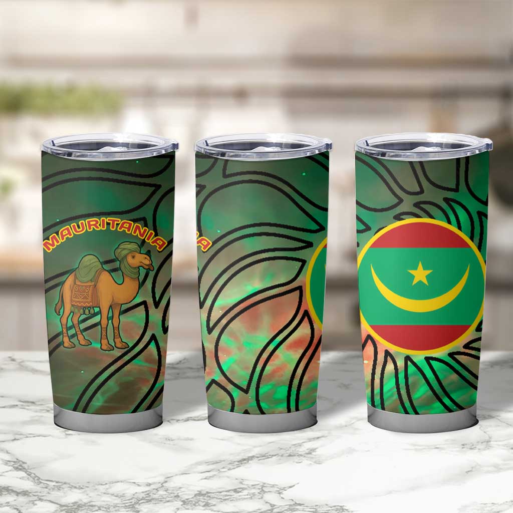 Mauritania Tumbler Cup with Green Tie Dye Camel and Crescent Moon Flag Design