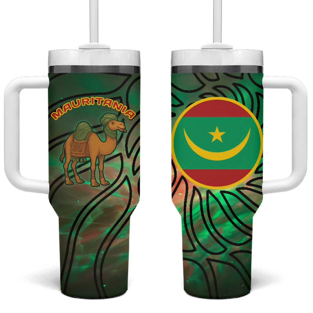 Mauritania Tumbler With Handle with Green Tie Dye Camel and Crescent Moon Flag Design