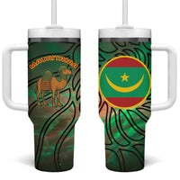 Mauritania Tumbler With Handle with Green Tie Dye Camel and Crescent Moon Flag Design
