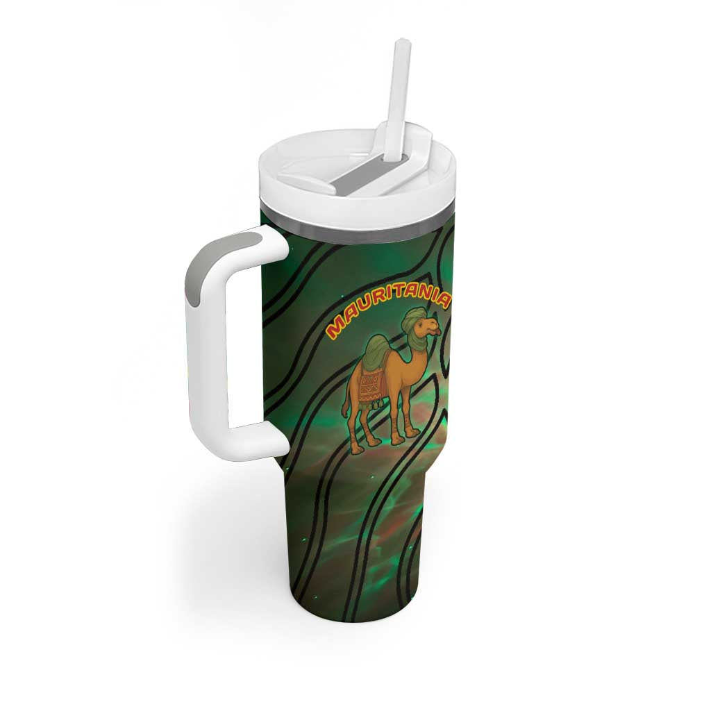 Mauritania Tumbler With Handle with Green Tie Dye Camel and Crescent Moon Flag Design