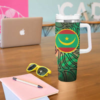 Mauritania Tumbler With Handle with Green Tie Dye Camel and Crescent Moon Flag Design