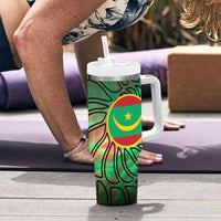 Mauritania Tumbler With Handle with Green Tie Dye Camel and Crescent Moon Flag Design