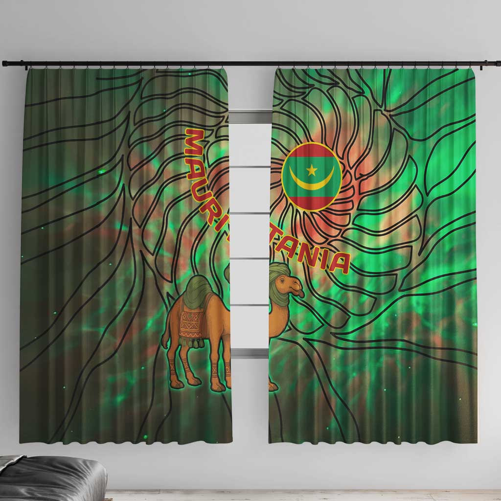 Mauritania Window Curtain with Green Tie Dye Camel and Crescent Moon Flag Design