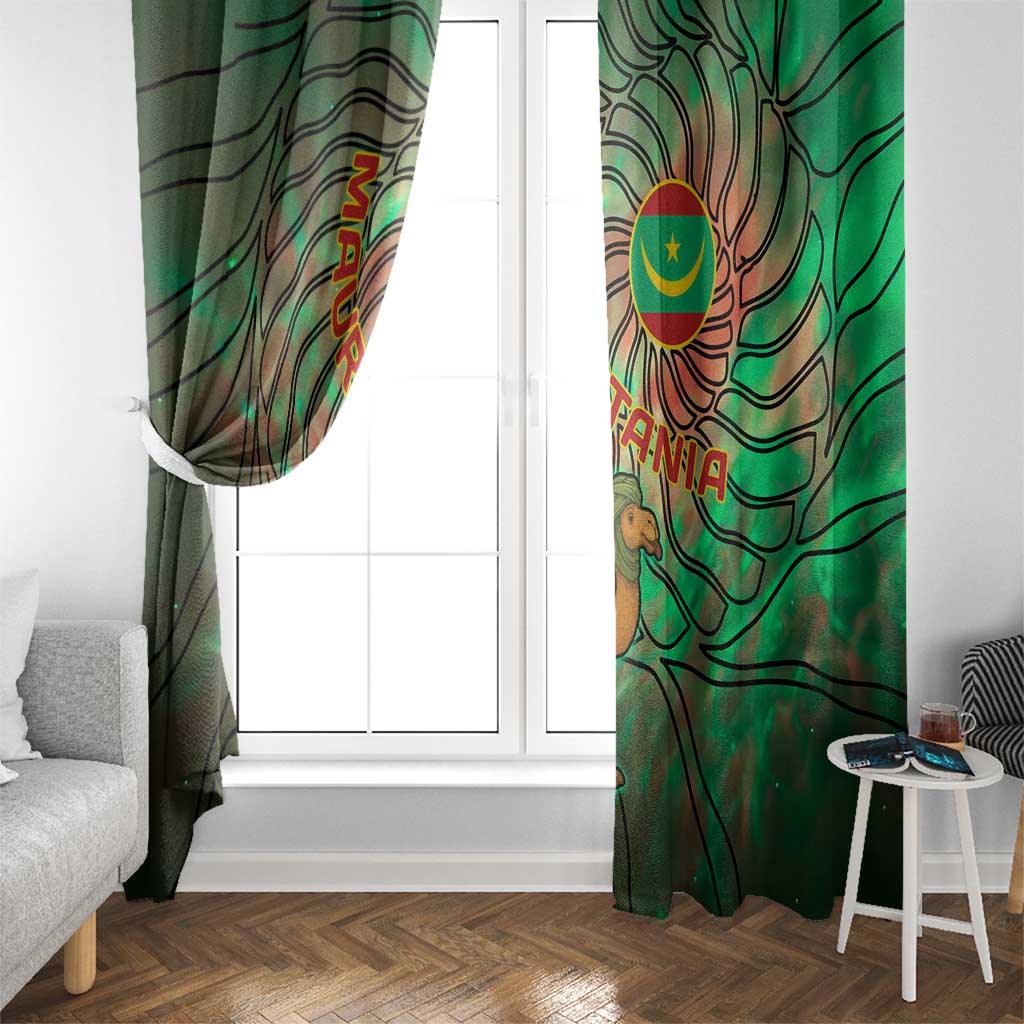 Mauritania Window Curtain with Green Tie Dye Camel and Crescent Moon Flag Design