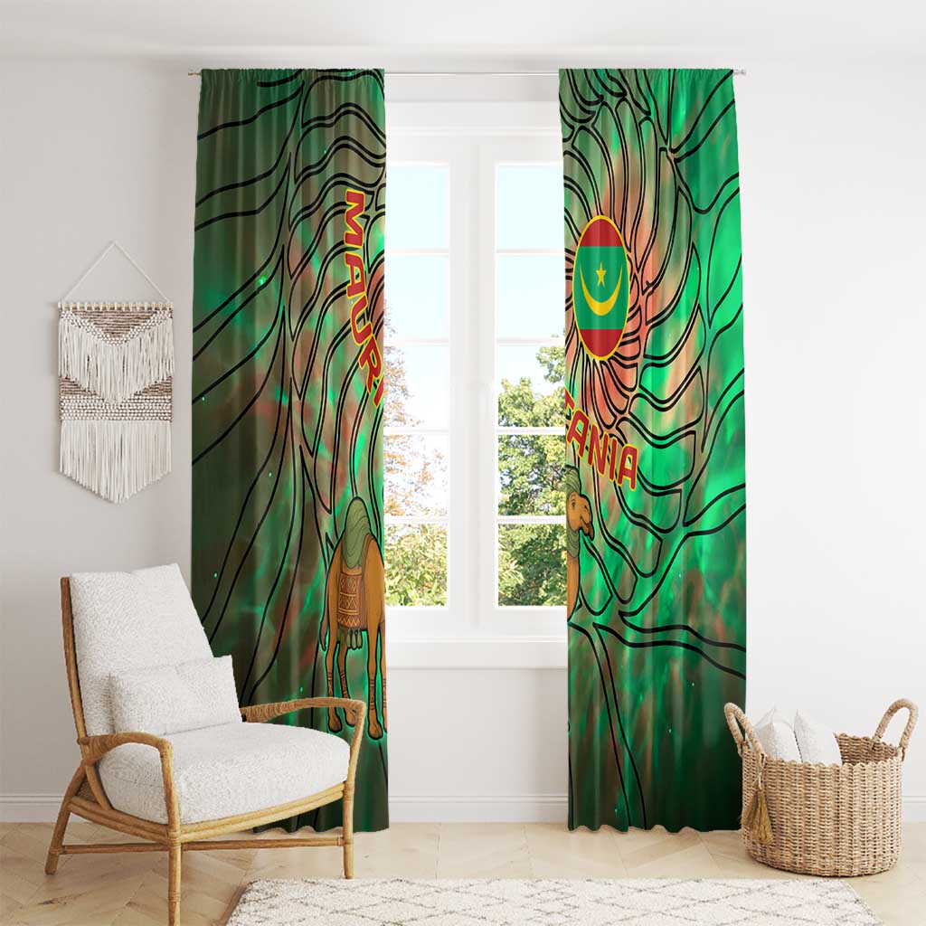 Mauritania Window Curtain with Green Tie Dye Camel and Crescent Moon Flag Design