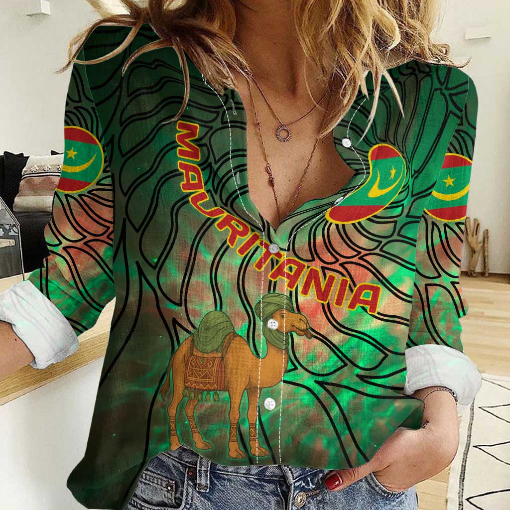 Mauritania Women Casual Shirt with Green Tie Dye Camel and Crescent Moon Flag Design