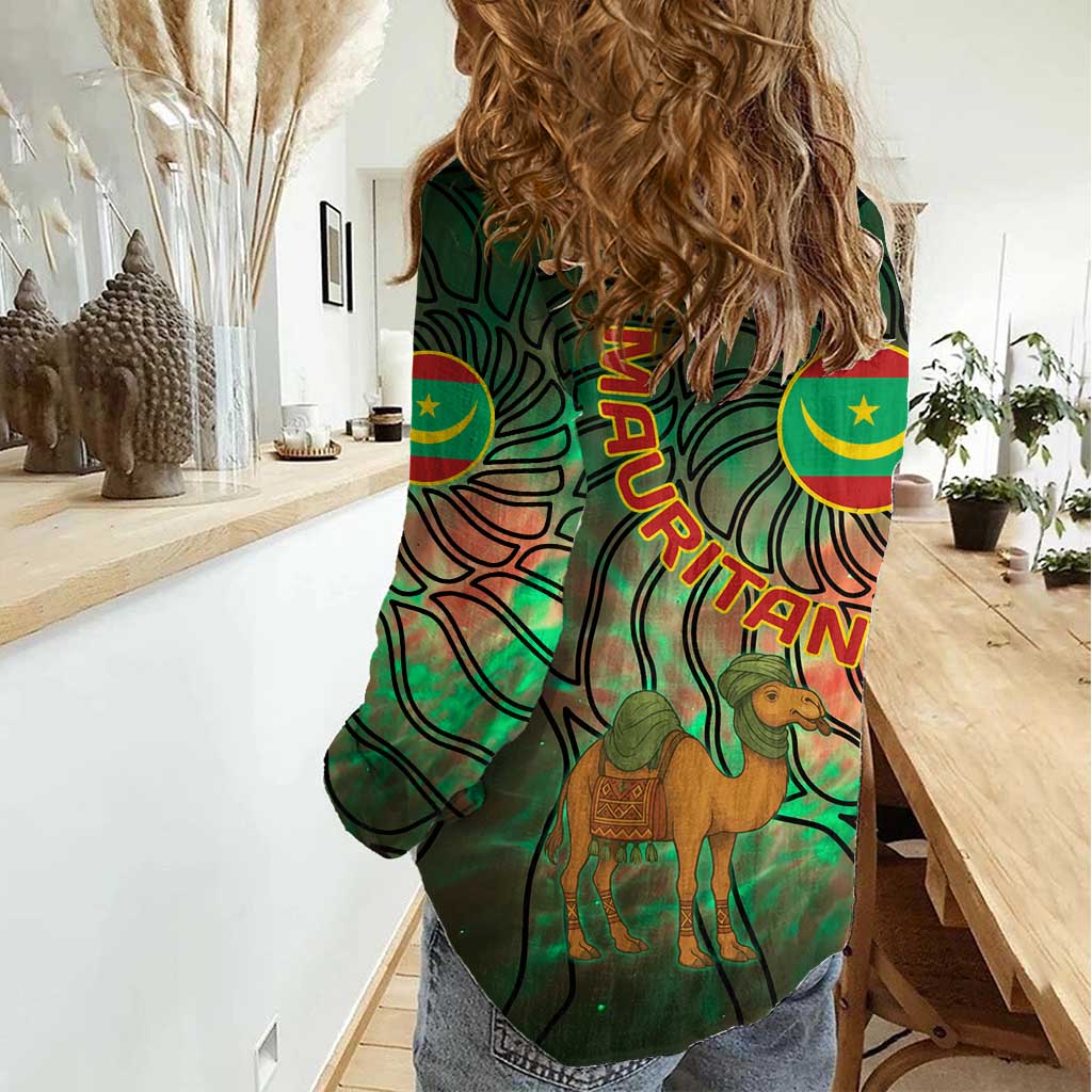 Mauritania Women Casual Shirt with Green Tie Dye Camel and Crescent Moon Flag Design