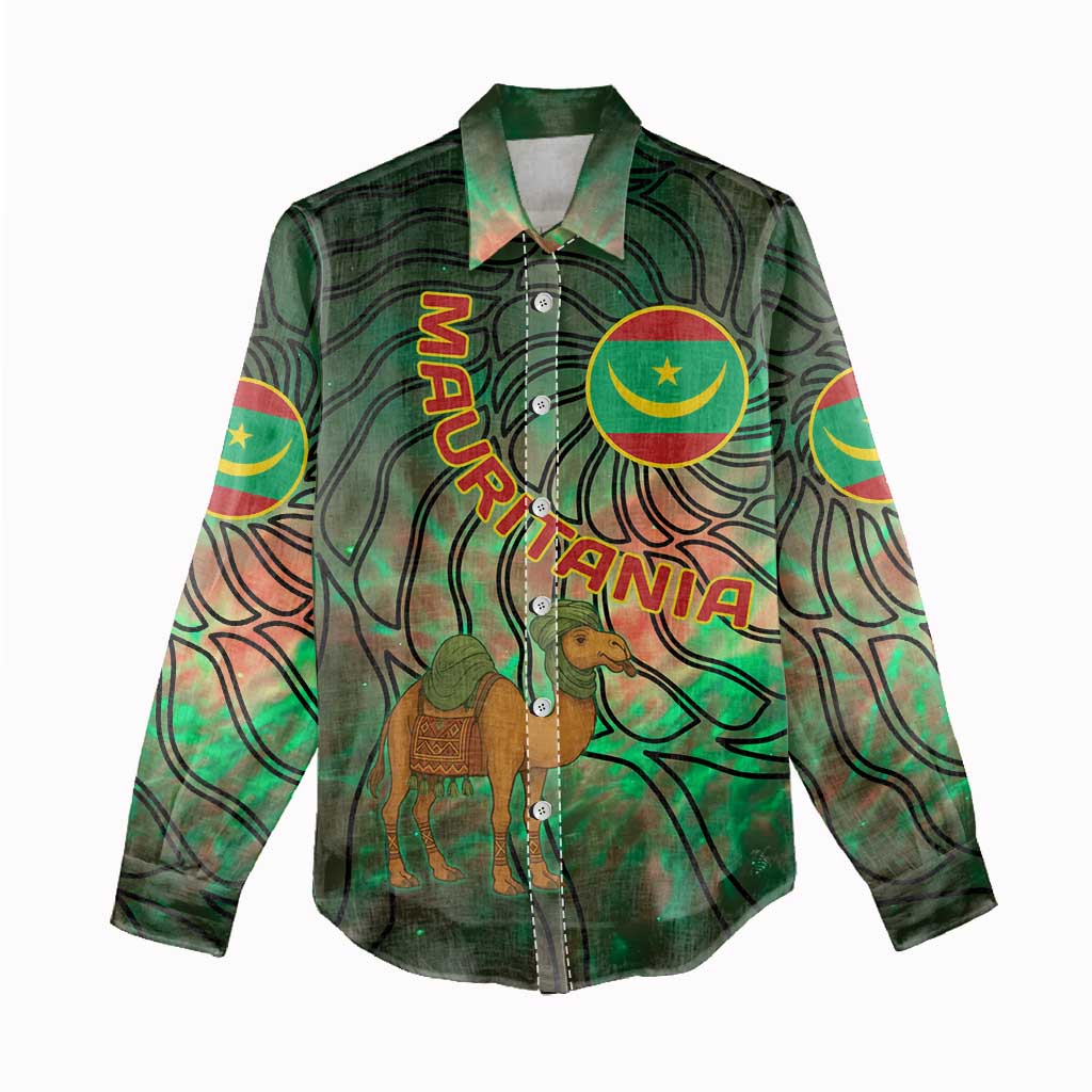 Mauritania Women Casual Shirt with Green Tie Dye Camel and Crescent Moon Flag Design