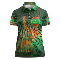 Mauritania Women Polo Shirt with Green Tie Dye Camel and Crescent Moon Flag Design
