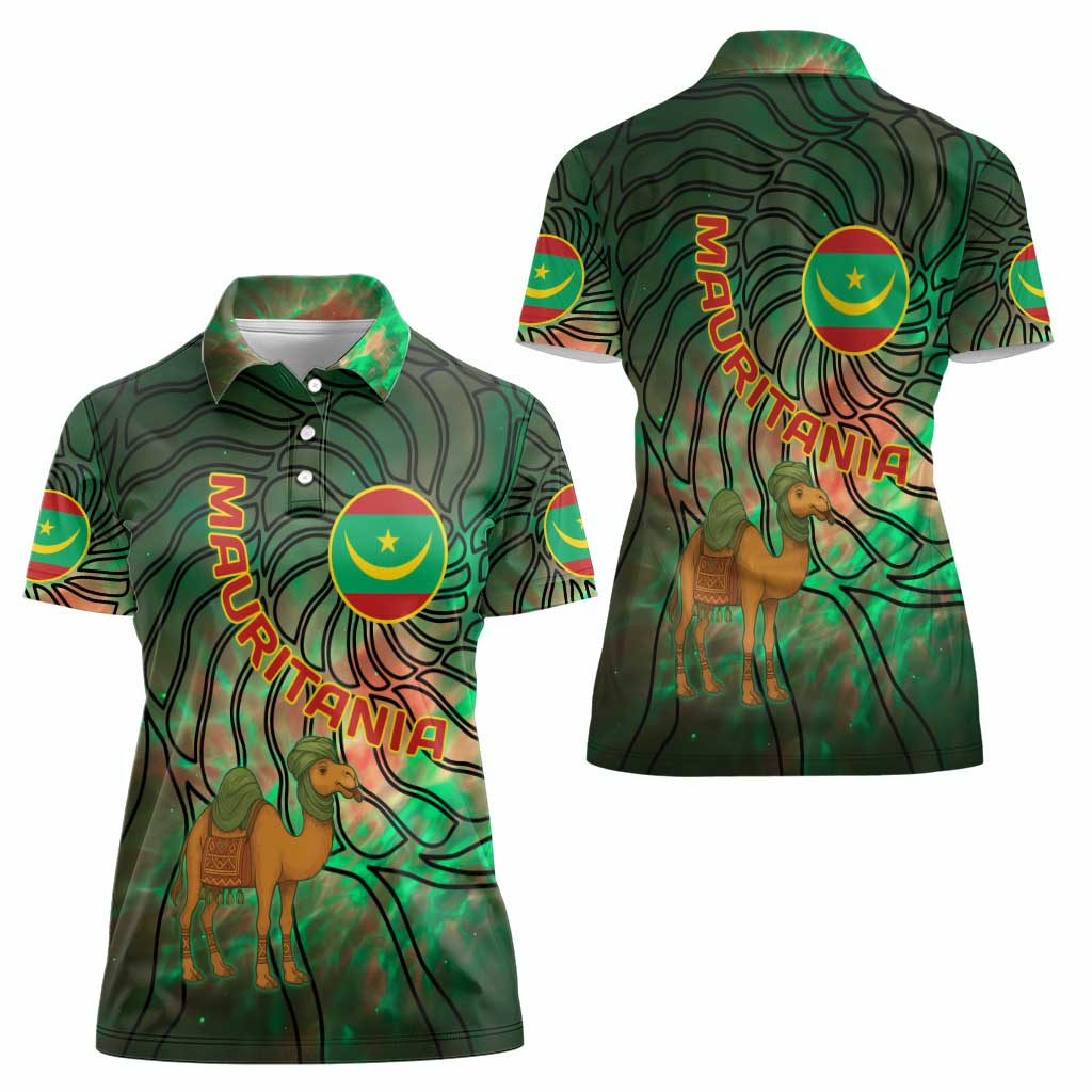 Mauritania Women Polo Shirt with Green Tie Dye Camel and Crescent Moon Flag Design