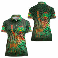 Mauritania Women Polo Shirt with Green Tie Dye Camel and Crescent Moon Flag Design