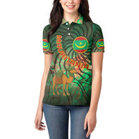 Mauritania Women Polo Shirt with Green Tie Dye Camel and Crescent Moon Flag Design