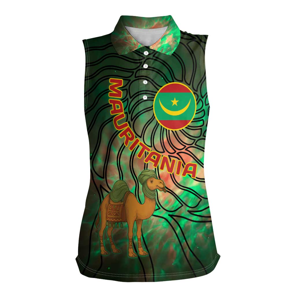 Mauritania Women Sleeveless Polo Shirt with Green Tie Dye Camel and Crescent Moon Flag Design