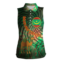 Mauritania Women Sleeveless Polo Shirt with Green Tie Dye Camel and Crescent Moon Flag Design