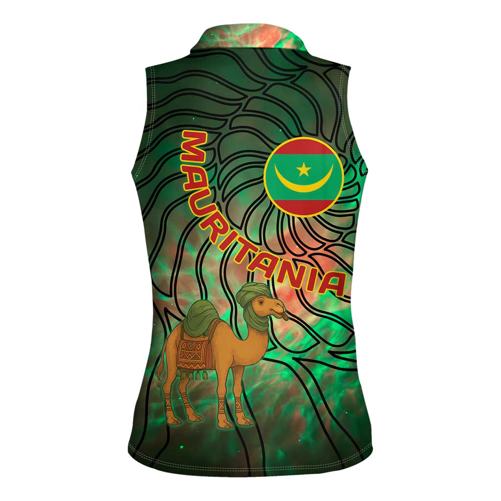 Mauritania Women Sleeveless Polo Shirt with Green Tie Dye Camel and Crescent Moon Flag Design