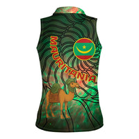 Mauritania Women Sleeveless Polo Shirt with Green Tie Dye Camel and Crescent Moon Flag Design