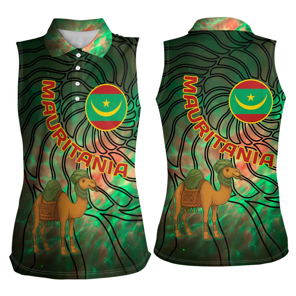 Mauritania Women Sleeveless Polo Shirt with Green Tie Dye Camel and Crescent Moon Flag Design
