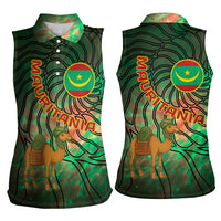 Mauritania Women Sleeveless Polo Shirt with Green Tie Dye Camel and Crescent Moon Flag Design
